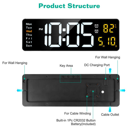 15.7in LED Digital Wall Clock With Remote Control 10 Level Brightness 3 Alarm Settings 12-24Hr Format Timing Countdown Temperature Calendar Display Decorative Clock For Office Home