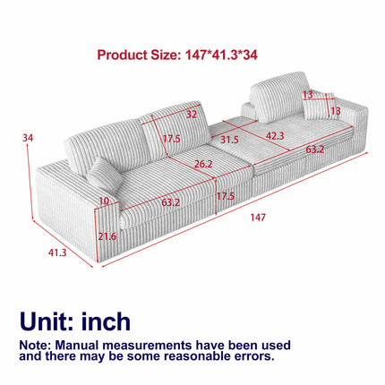 114.5 Modern Corduroy Modular Foam Sofa, Recliner Seat Reversible Sofa, 2-in-1 Sofa With Recliner And L-Shaped Sofa Combination With Three Cushion Neck Pillow Combination And Two Throw Pillows