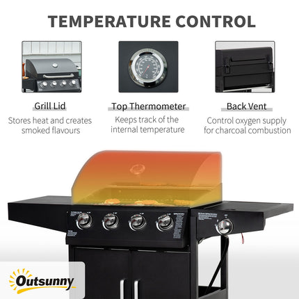 52" Barbecue Grill With Wheels 4+1 Burner Liquid Propane Gas Grill Outdoor Cabinet Style BBQ Trolley W/ Side Burner, Warming Rack