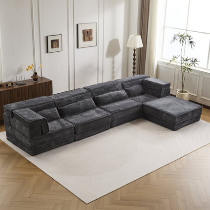 Compression Mahjong Sofa,Convertible Floor Sofa Bed,DIY Boneless Modular Sectional Sofa,No Assembly Required,Circle Fleece Fabric,Oversized 4 Seater With 1 Ottoman,Dark-grey