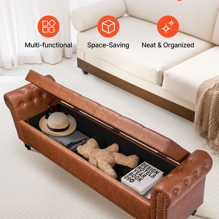 Button-Tufted Storage Ottoman Bench, Rolled Arm PU Leather Bench With Solid Wood Legs, Modern Shoe Benches Seat For Entryway, Upholstered End Of Bed Benches For Living Room, Dining Room, Brown