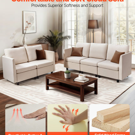 Modular Sectional Sofa, Modern 5-Seater Modular Sofa With Hidden Storage, Cloud Sectional Couch With High Rebound Sponge, Solid Wood Frame Upholstered Comfy Couch For Living Room, Bedroom, Beige