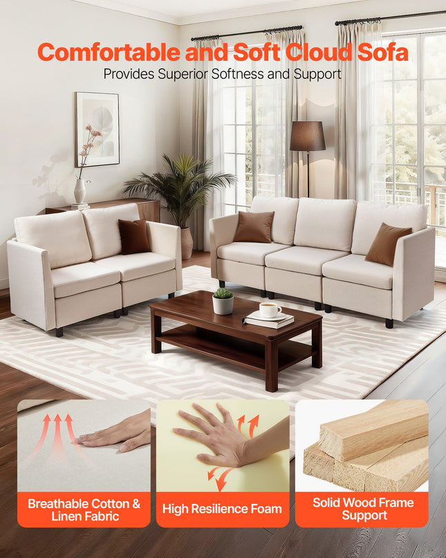 Modular Sectional Sofa, Modern 5-Seater Modular Sofa With Hidden Storage, Cloud Sectional Couch With High Rebound Sponge, Solid Wood Frame Upholstered Comfy Couch For Living Room, Bedroom, Beige