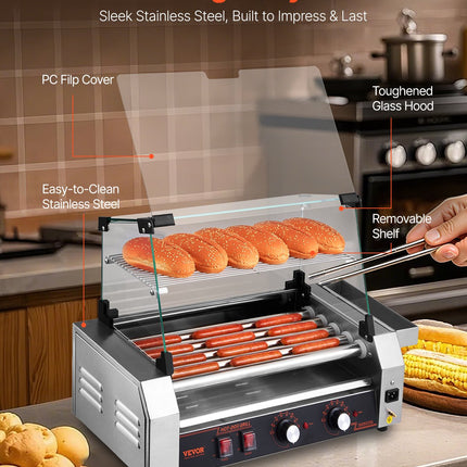 Electric 12 Hot Dog 5 Roller Commercial Grill Cooker Machine Cover 750W