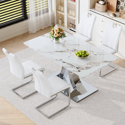 Luxury Modern 63-inch Dining Table Set With 4 Upholstered Chairs, White Tempered Glass Rock Top & Adjustable Stainless Steel Base, Convertible Table For Multiple Diners, Fashion Home Furniture