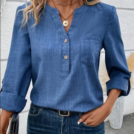 V-Neck  Blouse With Pockets,Elegant And Classic Design,Machine Washable And Dryable,Suitable For Spring,Summer,And Fall