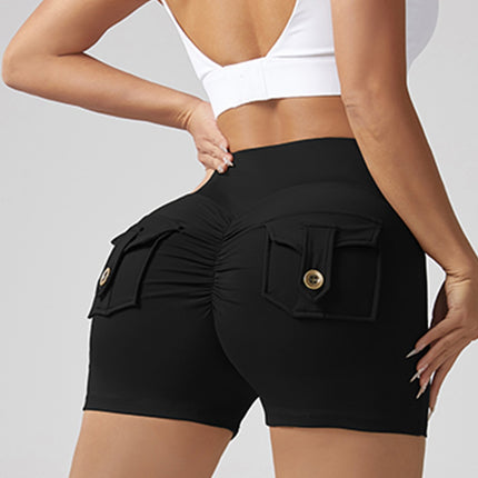 V-waist Stretch Yoga Workwear, Pocket Button Tight Pants, Women's Peach Hip Running And Fitness Shorts