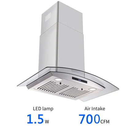 30 Inch Wall Mounted Range Hood 700CFM Tempered Glass Touch Panel Control Vented LEDs