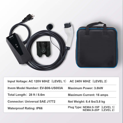 Portable EV Charger, 16 Amp 120V Or 240V, Electric Vehicle Charger With 28-Foot Charging Cable NEMA 6-20P Plug NEMA 5-15 Adapter, Plug-in Home EV Charging Station For SAE J1772 EVs