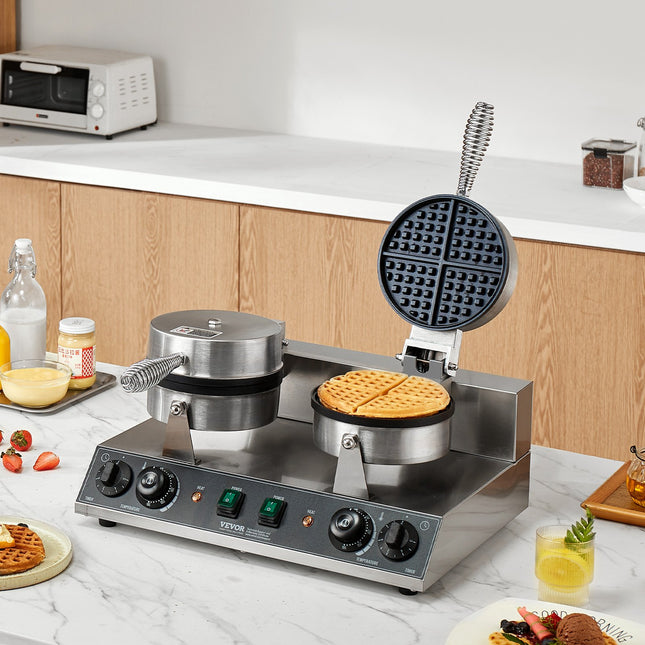 Commercial Waffle Maker Dual-Head Round Waffle Iron 2460W Non-Stick