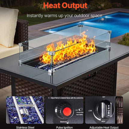 6-Piece Outdoor Patio Furniture Set, Wicker Rattan Outdoor Sectional Conversation Set With 50000BTU Propane Fire Pit Table, Cushioned Sofas, Coffee Table & Ottoman For Patio Garden Backyard