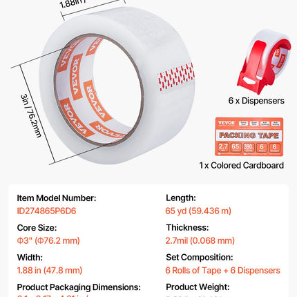 Clear Packing Tape 6 Rolls 65 Yards Clear Shipping Tape With Dispenser 2.7 Mil