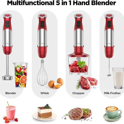 KOIOS 5-in-1 Hand Immersion Blender, 1000W 12 Speed Handheld Blender, Copper Motor Stainless Steel Blade Stick Blender,600ml Mixing Beaker,500ml Food Processor, Whisk, Milk Frother, BPA-Free, Red