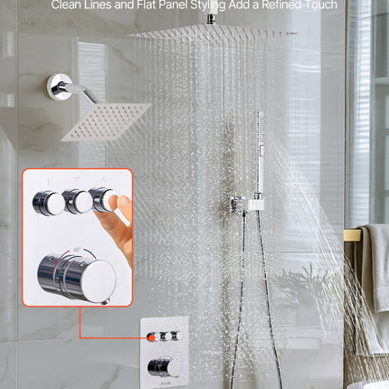 Shower Faucet Set, 12 Inch Thermostatic Ceiling Mount Rainfall Shower System With 6 Inch Wall Mount Head And 2 In 1 Handheld Spray, 3-Function Dual Rain Head Brass Valve And Trim Kit, Chrome