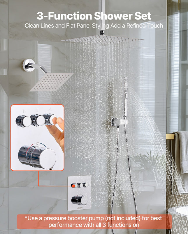 Shower Faucet Set, 12 Inch Thermostatic Ceiling Mount Rainfall Shower System With 6 Inch Wall Mount Head And 2 In 1 Handheld Spray, 3-Function Dual Rain Head Brass Valve And Trim Kit, Chrome