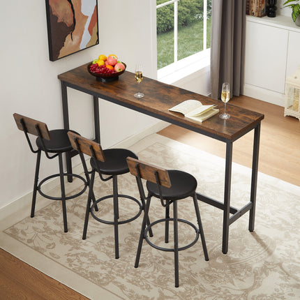 Long Bar Table Set With 3 PU Upholstered Bar Stools, Industrial Bar Table And Chairs For Kitchen Breakfast Table, Living Room, Banquet Hall, Rustic Brown And Black, 63inL X15.7 W X 37.5 H