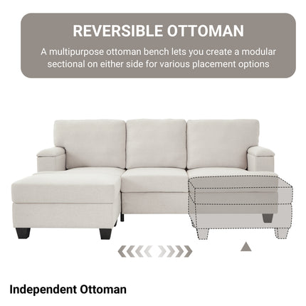 86'' L Shaped Couch With Armrest Organizer,3 Seats Sofas With Movable Ottoman,Comfy Sectional Sofa With Thick Cushion,Linen Sectional Couches For Living Room,Bedroom,Apartment,Beige