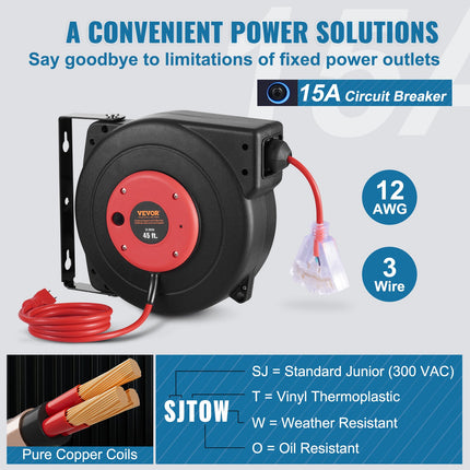 Retractable Extension Cord Reel Power Cord Reel 45FT 12AWG/3C SJTOW