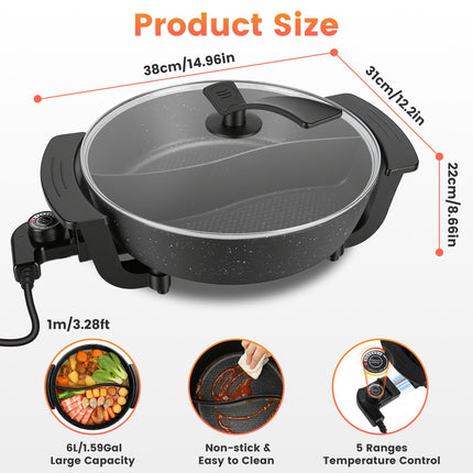 6L Electric Hot Pot With Divider 1100W Dual-Flavor Pot Shabu Shabu Pot Non-Stick With 5-Temp Control For Shabu Shabu Fondue Perfect For Family Gatherings & Parties