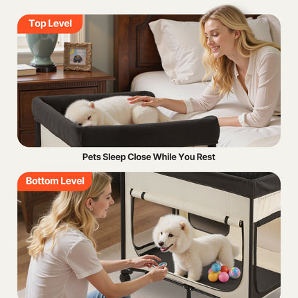 Elevated Lounge Pet Bed, Foldable Bunk Dog Bed With 600D Oxford Cloth And Dutch Velvet, Portable Raised Cot With Wheels, Side Storage Bags, And Carry Bag For Cats & Dogs, XL, Beige