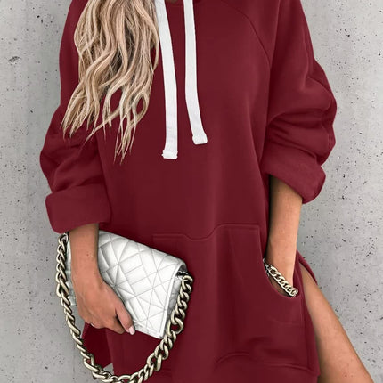Women's Hooded Sweatshirt With Pockets Fashion Casual Split Mid-length Sweater Drawstring Tops