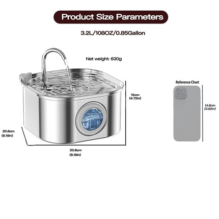 Cat Water Fountain Stainless Steel,108oz 3.2L Cat Fountain For Drinking - Pet Water Fountain Inside - Automatic Dog Watering Dispenser Bowl - Pet Feeding & Watering Supplies - Water Level Window