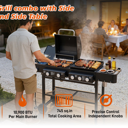 6 Burner BBQ Propane Gas Grill With Side Burner 59000 BTU Output Stainless Steel Barbecue Grill With Enamel-Coated Grates And Side Tables For Outdoor Cooking Kitchen And Patio Backyard.