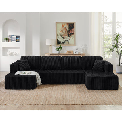 U Shape Modular Sectional Sofa, Compressed Sectional Sofa Modern Minimalist Style Corduroy Couch, Sleeper Sofa For Living Room, Bedroom, Comfy Compressed Sofa -Black