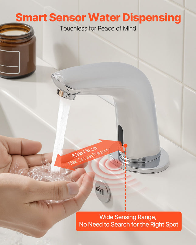 Touchless Bathroom Sink Faucet, Automatic Motion Sensor Restroom Toilet Faucet Cold Water With Hole Cover Plate, Battery Operated For 9/16 In Pipe Commercial Lavatory,Chrome Plated Silver G112M