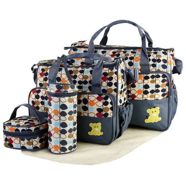 5PCS Baby Nappy Diaper Bags Set Mummy Diaper Shoulder Bags W/ Nappy Changing Pad Insulated Pockets Travel Tote Bags