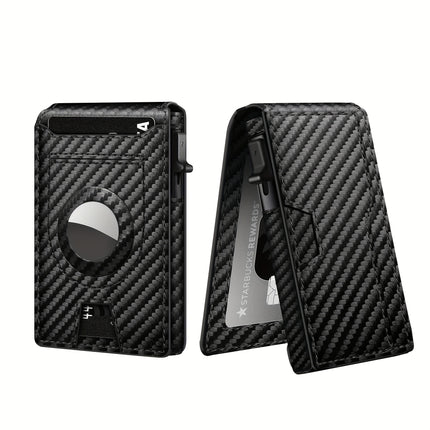 Men's Carbon Fiber RFID Blocking Bi-Fold Wallet With Pop-Up Aluminum Card Slot And AirTag Slot - Minimalist Black Credit Card Holder