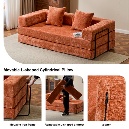 Floor Couch,Compression Sofa,Convertible Floor Sofa Bed-with Pillow Back Support Armrest,Comfy Futon Couch Lounge Sleeper Bed,chenille Fabric,for Living Room Bedroom Orange