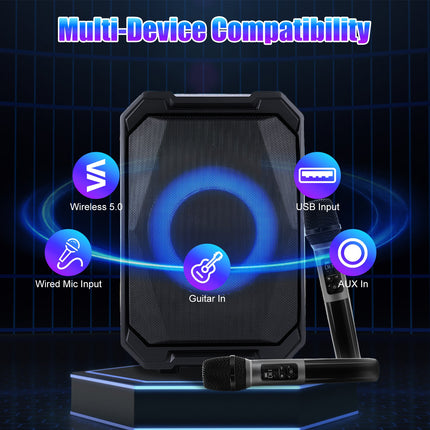 1Pc Portable Wireless Party Speaker With LED Light 2 Wireless Mics Remote Control TWS Music Accompany Mic. Priority Bass Echo Mic Treble Guitar In