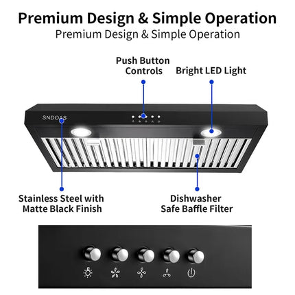 30 Inch Kitchen Under Cabinet Range Hood 3-Speed 600CFM Vent W/LEDs Silver/Black