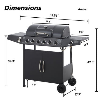 6 Burner BBQ Propane Gas Grill With Side Burner 59000 BTU Output Stainless Steel Barbecue Grill With Enamel-Coated Grates And Side Tables For Outdoor Cooking Kitchen And Patio Backyard.