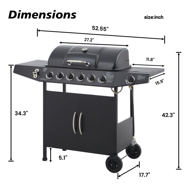 6 Burner BBQ Propane Gas Grill With Side Burner 59000 BTU Output Stainless Steel Barbecue Grill With Enamel-Coated Grates And Side Tables For Outdoor Cooking Kitchen And Patio Backyard.