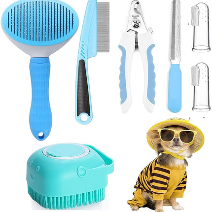 7pcs Pet Grooming Kit, Self-Cleaning Brush Shedding Kit With Nail Clipper, Flea Comb, Shampoo Bath Brush, Finger Toothbrush
