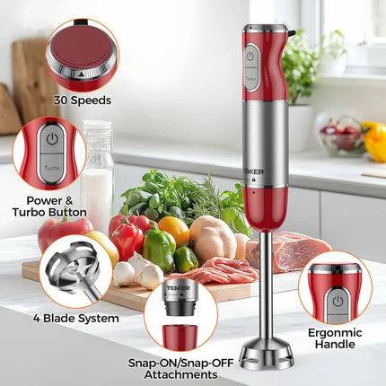 HB-2016A 5-in-1 Hand Immersion Blender, 30 Speeds Handheld Blender, Copper Motor Stainless Steel Blade Stick Blender,600ml Mixing Beaker,500ml Food Processor, Whisk, Milk Frother, BPA-Free, Red
