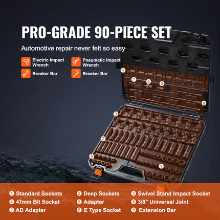 VEVOR Drive Impact Socket Set 6 Point Cr-Mo Alloy Steel For Auto Repair, Includes Extension Bars Universal Joint Adapter Lock Storage Case
