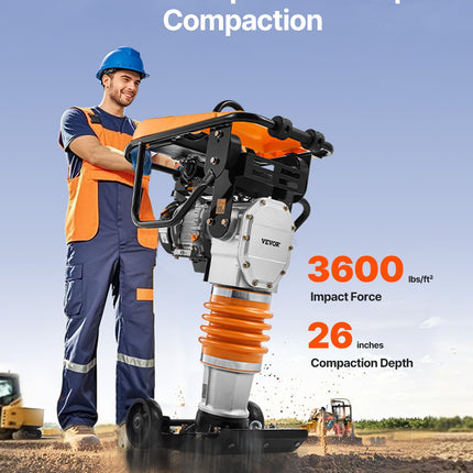 Jumping Jack Compactor, 6.5 HP Vibratory Rammer Fuel-Powered 196 Cc Engine Tamper, 3600 Lbs Impact Force, 26" Max Compaction Depth, For Soil, Gravel, Footings, Concrete Slabs, And Foundations