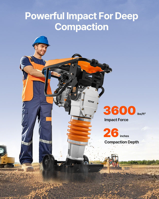 Jumping Jack Compactor, 6.5 HP Vibratory Rammer Fuel-Powered 196 Cc Engine Tamper, 3600 Lbs Impact Force, 26" Max Compaction Depth, For Soil, Gravel, Footings, Concrete Slabs, And Foundations