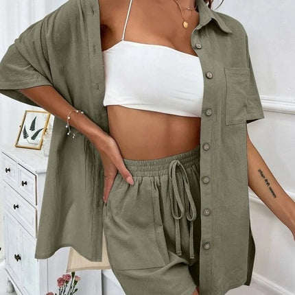 Women's Fashion Shorts Two Pieces Solid Color Shirt Suit