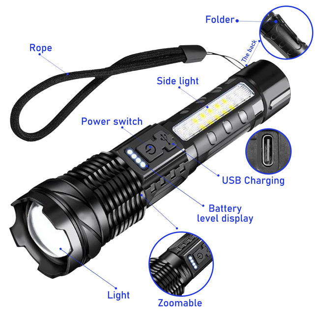 Rechargeable LED Flashlight Tactical Torch Police Super Bright Work Light Camping Lamp 3 Lighting Modes  USB Charging
