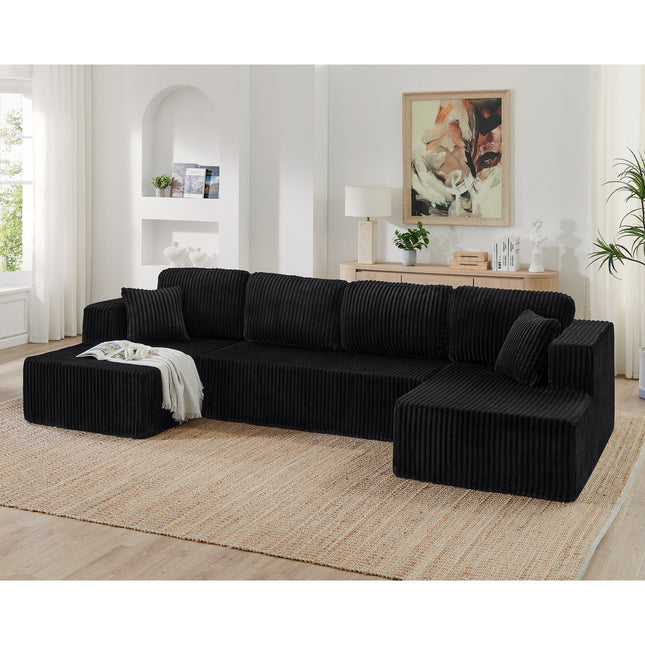 U Shape Modular Sectional Sofa, Compressed Sectional Sofa Modern Minimalist Style Corduroy Couch, Sleeper Sofa For Living Room, Bedroom, Comfy Compressed Sofa -Black