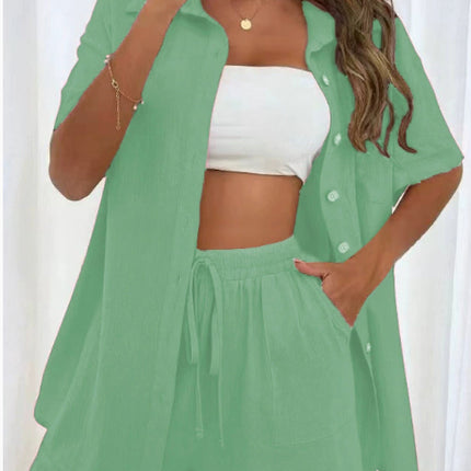Women's Fashion Shorts Two Pieces Solid Color Shirt Suit