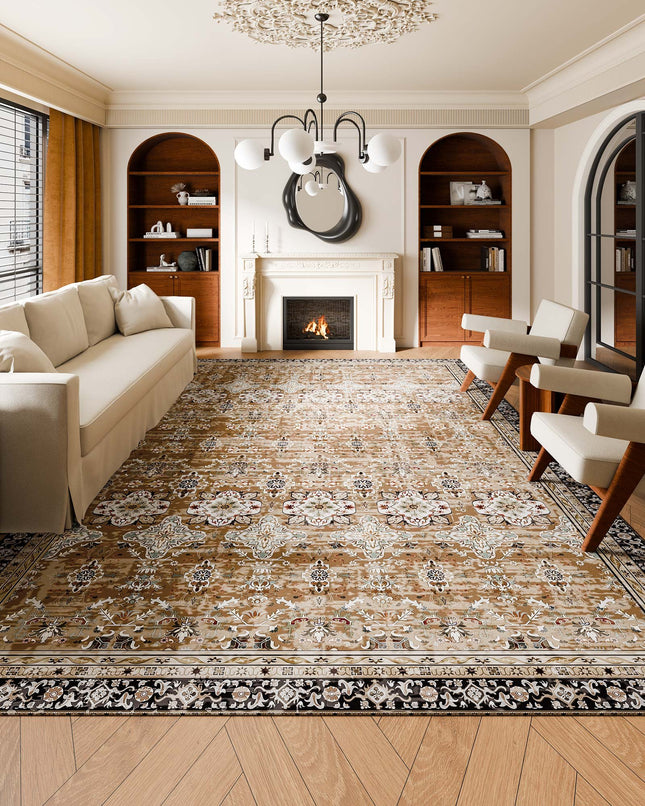 Area Rug, 9 X 12 Ft Large Washable Rug, Non-Slip And Tear-Resistant Soft Carpet, Pet & Child Friendly Vintage Area Rugs, Indoor Mat For Bedroom, Living Room, Kids Room, Office, Brown Green