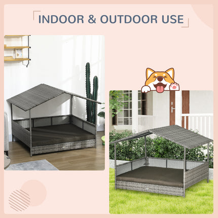 Outdoor Dog Bed with Canopy, Rattan Dog Bed with Soft Cushion Removable Cover for Medium and Large Dogs, Charcoal Gray