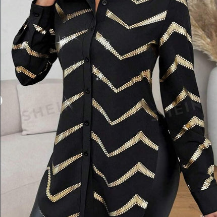 Lyxana Open Placket Foil Print Random Cut Shoulder Long Sleeve Cinched Waist Blouse Women Shirt