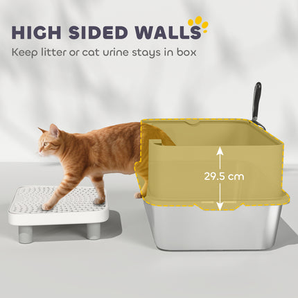Stainless Steel Litter Box with High Sides, Metal Cat Litter Box with Scoop, Pedal, Anti-Urine Leakage, Non-Sticky