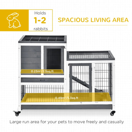 Wooden Rabbit Hutch Elevated Bunny Cage Indoor Small Animal Habitat With Enclosed Run With Wheels, Ramp, Removable Tray For Rabbits, Chickens, Ducks, Guinea Pigs, Gray